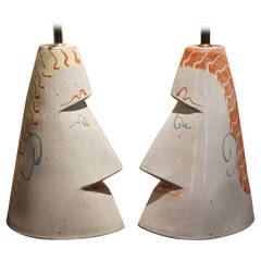 Vintage Pair of 1950s Signed Stoneware Modernist Table Lamps