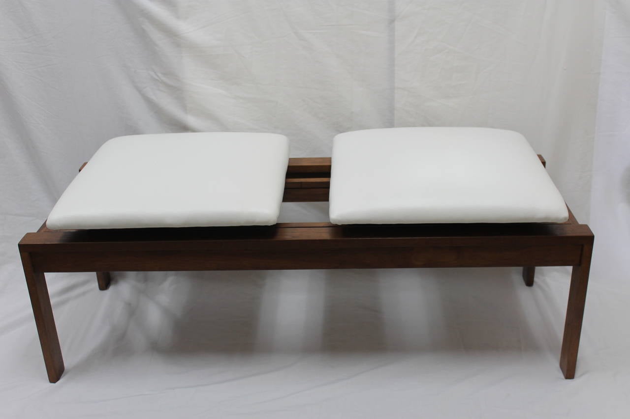 Beautiful midcentury bench by Martin Borenstein. Both seats can slide as shown in pictures. Wood base 44” wide x 17” deep x 13.5” high. When both cushions are fully extended it’s 46.5” wide. Seat height is 16.5