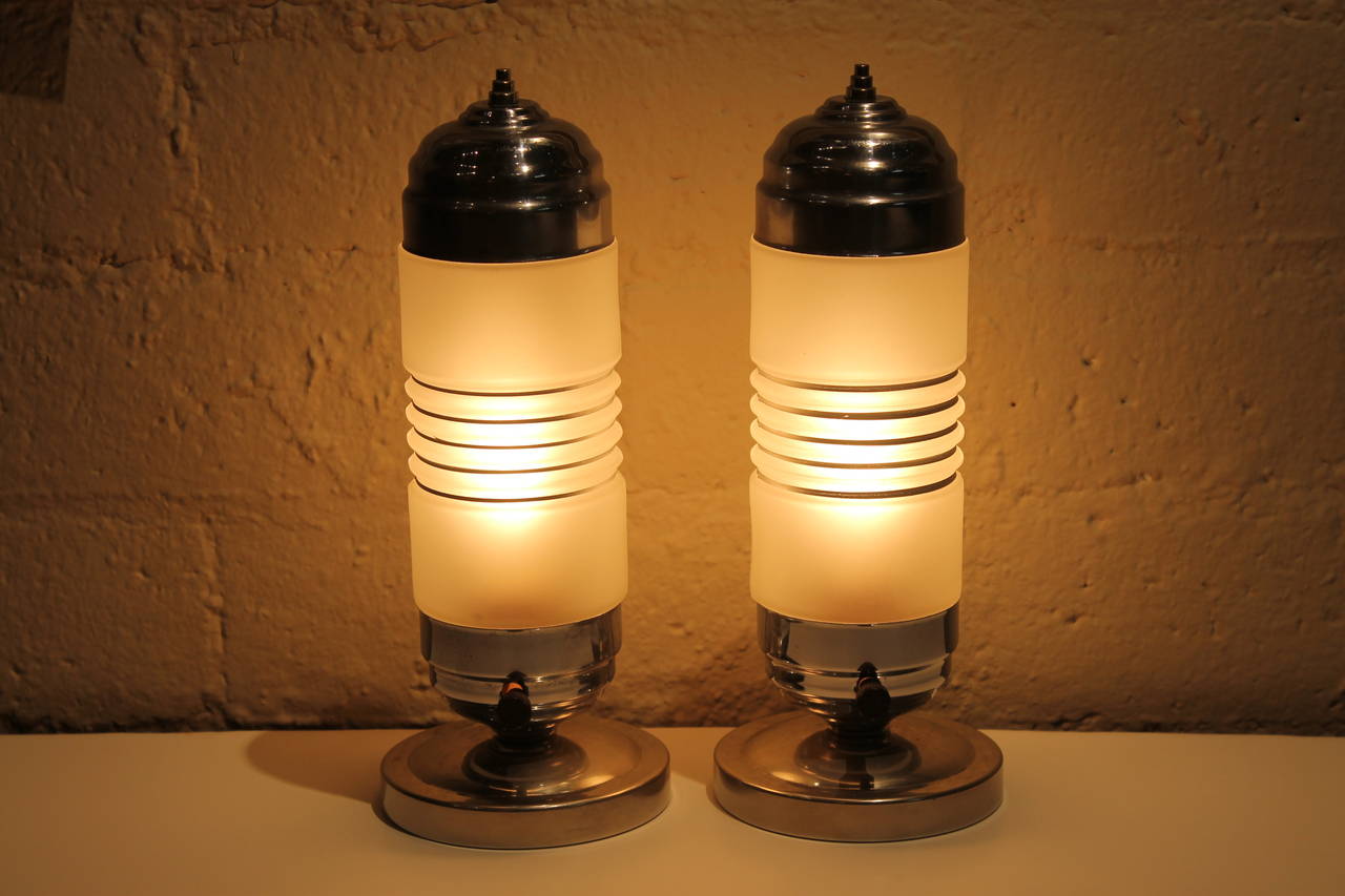 American Pair of Streamlined Art Deco Chrome Bullet Lamps