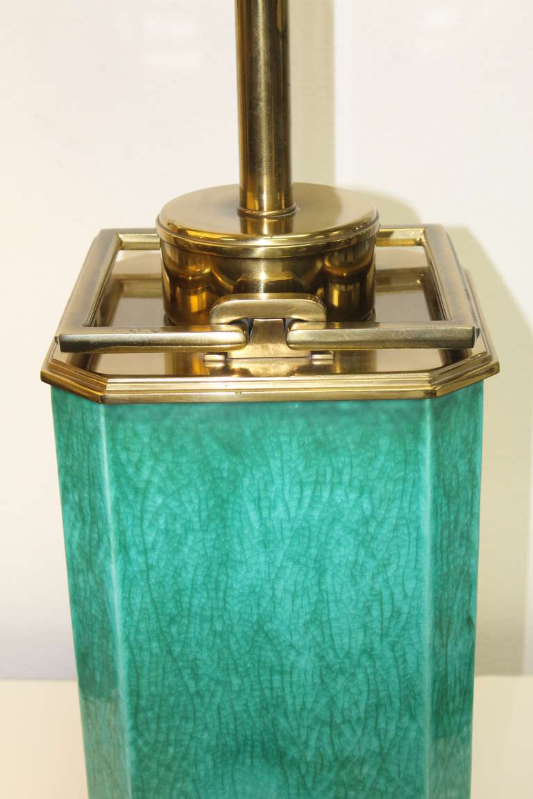Modern Brass and Glazed Ceramic Chinoise Style Lamp In Excellent Condition In Palm Springs, CA