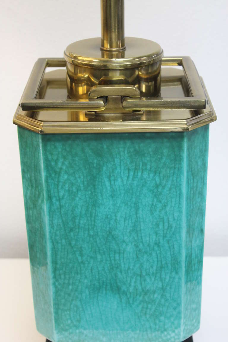 Mid-20th Century Modern Brass and Glazed Ceramic Chinoise Style Lamp
