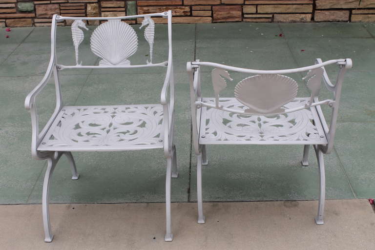 Pair of Aluminum chairs, Seahorse motiff In Excellent Condition In Palm Springs, CA