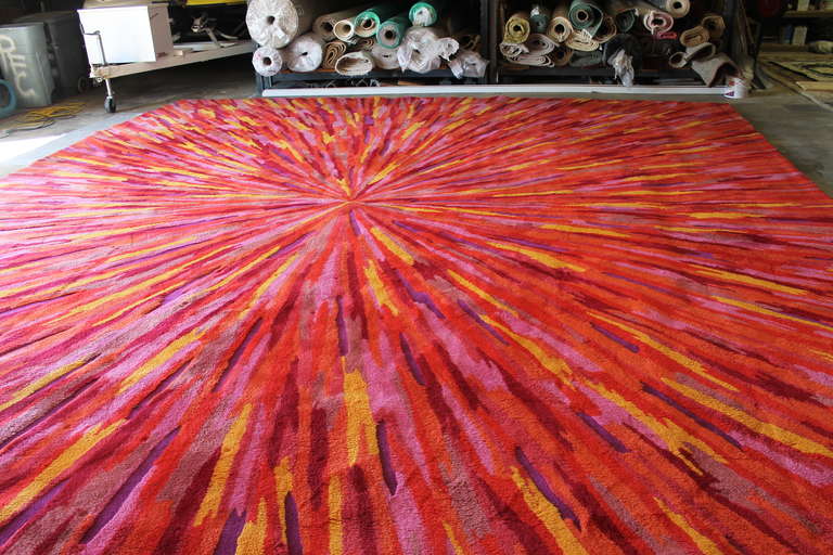 Edward Fields rug with vibrant colors. Looks like a Jack Lenor Larsen design.  This rug was originally in the famous Moroccan house in Thunderbird Heights located in Rancho Mirage (outside of Palm Springs). Interiors were designed by Robsjohn