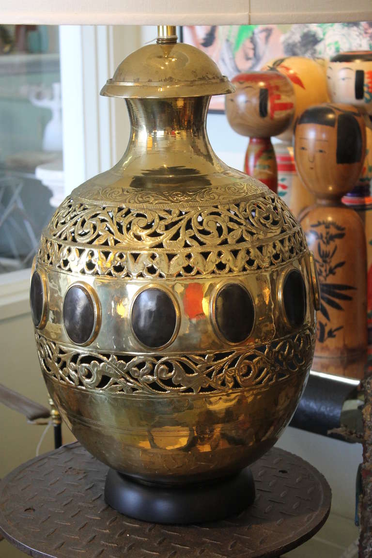Monumental Moroccan Brass Lamp With Natural Horn Insets In Excellent Condition In Palm Springs, CA
