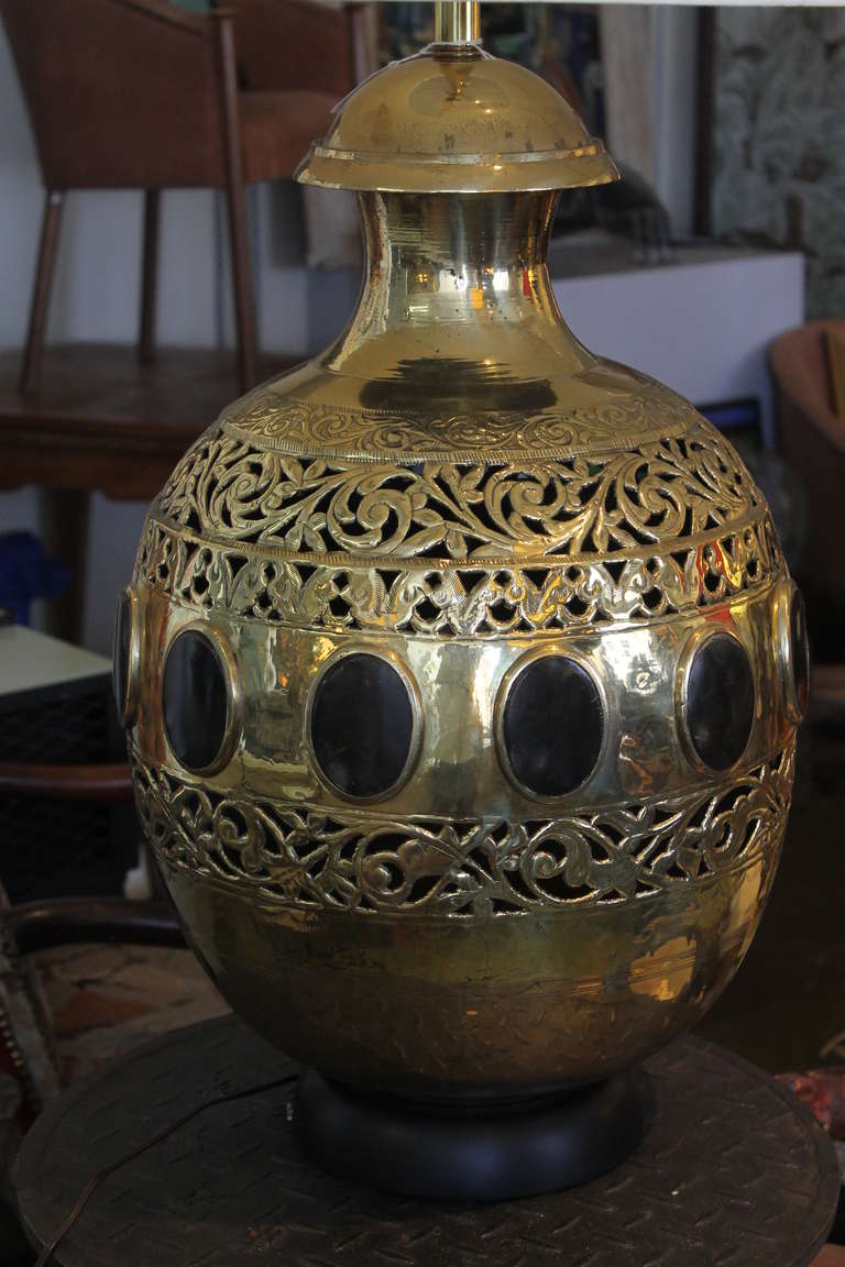 Mid-20th Century Monumental Moroccan Brass Lamp With Natural Horn Insets