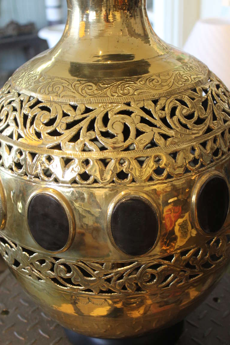 Monumental Moroccan Brass Lamp With Natural Horn Insets 1