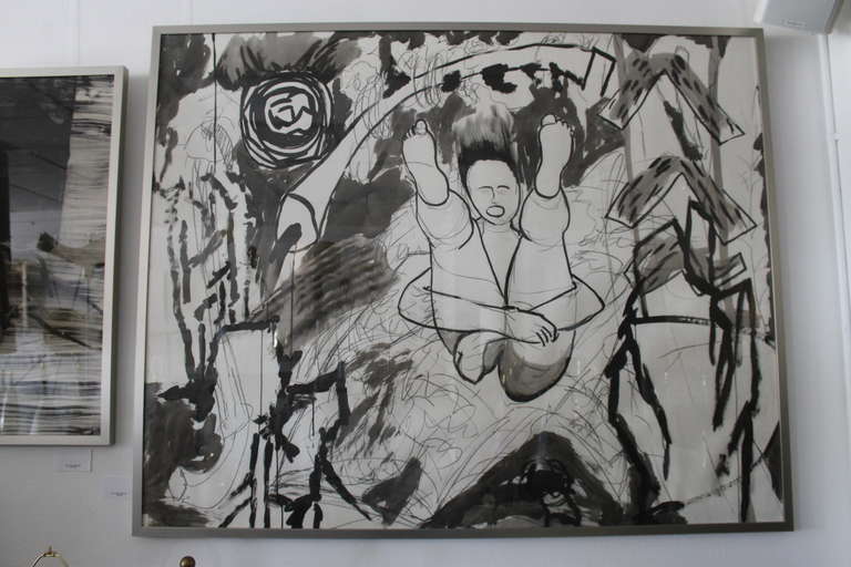 Benjamin Katz abstract painting displaying an individual free falling. Painting framed measures 61
