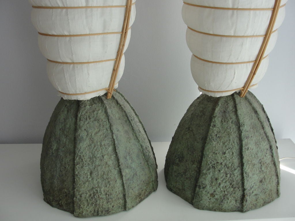 Beautiful pair of lamps consisting of a fiber board composite base and hardened fabric top. . These lamps were purchased many years ago in San Francisco. There's no information regarding the artist. Might have been part of a show in the late 1950s