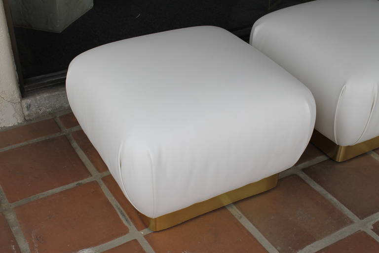 American Pair of White Leather Ottomans by Marge Carson