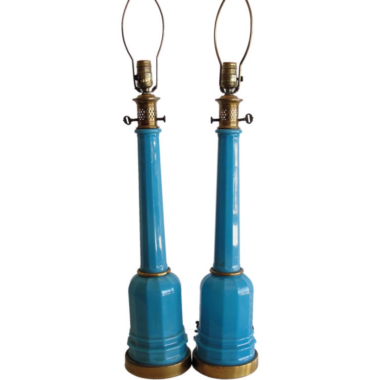 French Blue Opaline Glass Lamps w/ Gold Accents