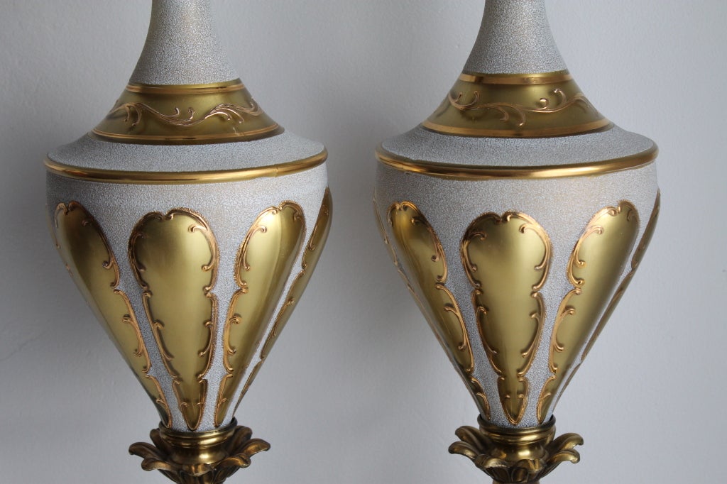 Beautiful pair of brass, glass and marble lamps that have been rewired. We believe these are Stiffel.