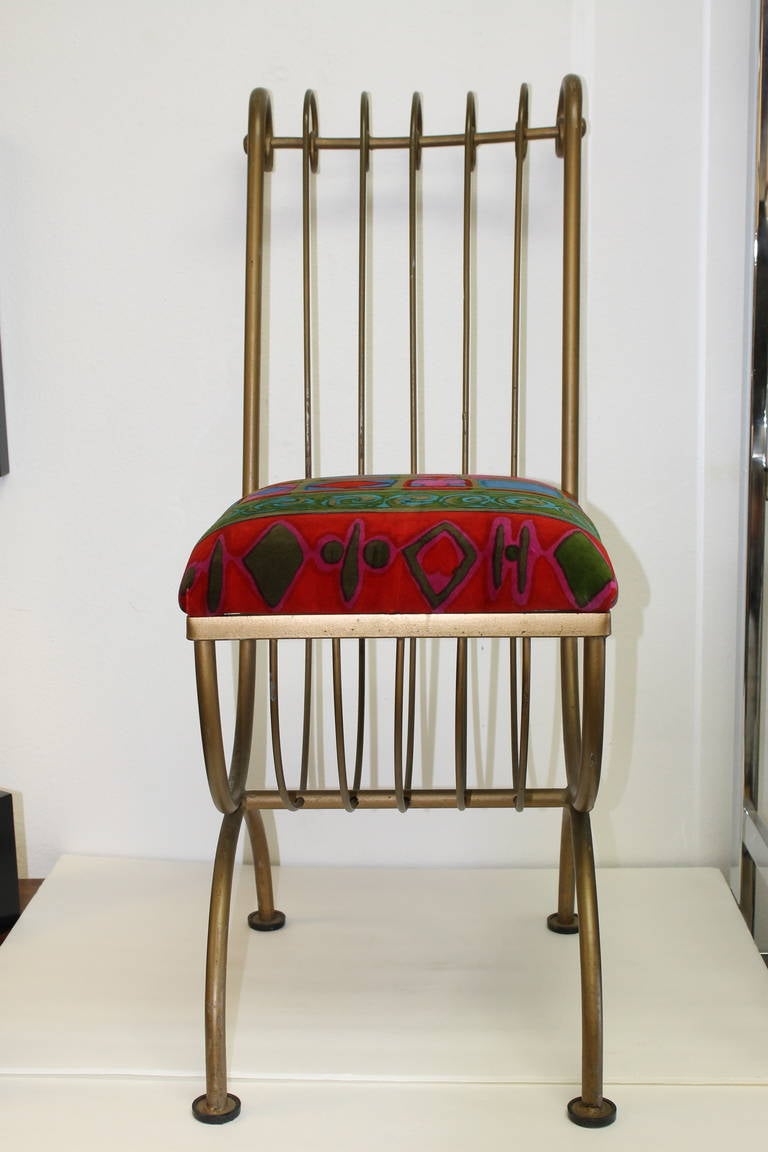 Stylish metal chair with Jack Lenor Larsen fabric. Fabric is called Caravan by Anita Askild and Larsen design, 1962. Chair has its original patina. We saved the bottom of seat (as pictured). We have another in stock without a cushion.