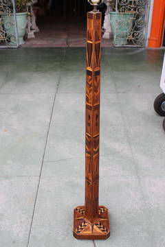 Vintage Deco Folk Art Wood Marquetry Floor Lamp
