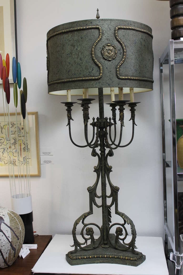 Monumental lamp by Nardini Studio, California. Lamp has original shade and has been rewired. There are two switches available, one for the light and other for the candles. Measure: Lamp is 46