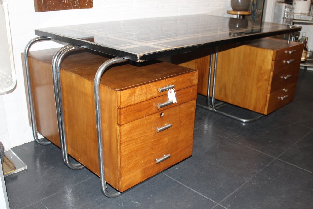 Incredible Art Deco desk from Woolworth's executive offices.  The laminate top is 66