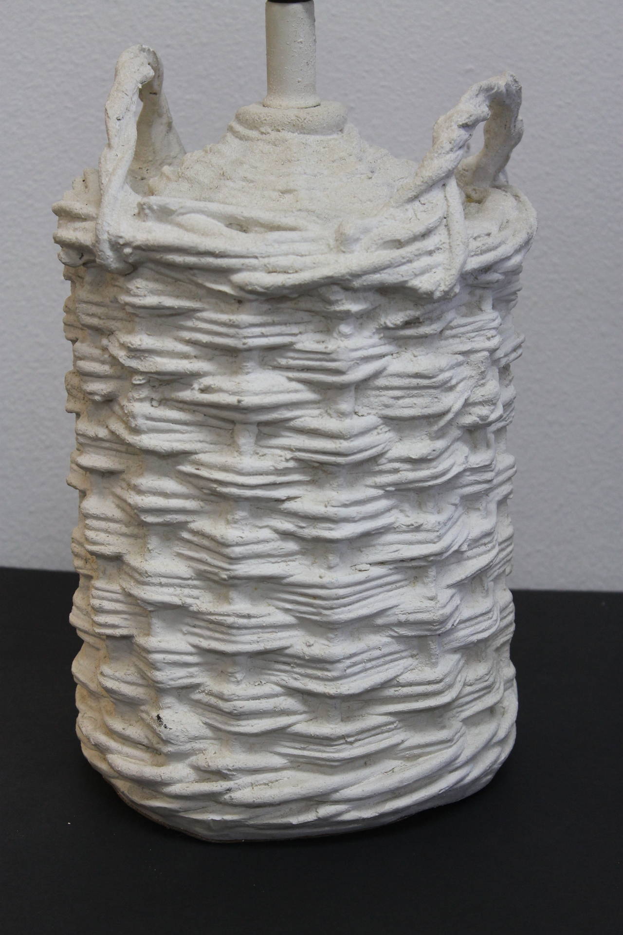 White plaster wine jug basket style lamp by San Francisco designer John Dickinson.  Ceramic portion is 14.25