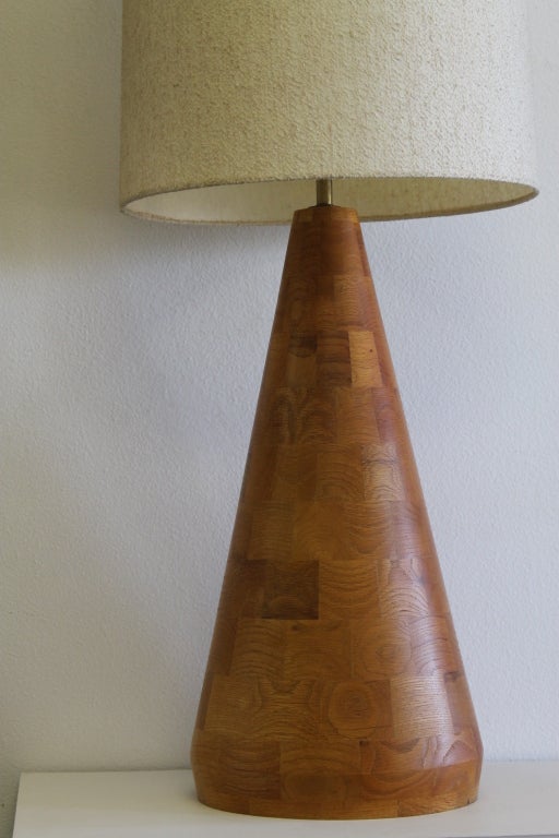 Massive walnut patchwork wood lamp possibly by a company called Amtercraft out of Clovis, Ca. Wood base is 27.5