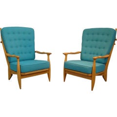 Pair Of  Oak Armchairs "edouard" By Guillerme Et Chambron