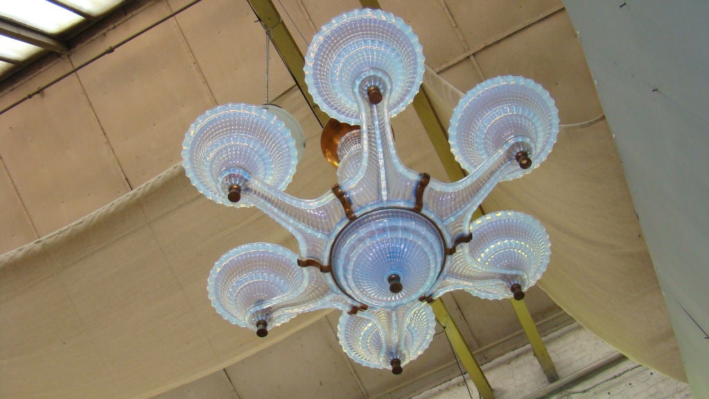 Art Deco six arm eight light opalescent glass by EZAN