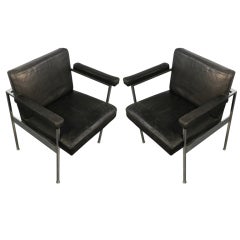 Maurice Rink  Pair Of Leather And Chromium Metal Armchairs