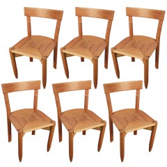 Set of Six 1960 Oak Chairs by Guillerme et Chambron