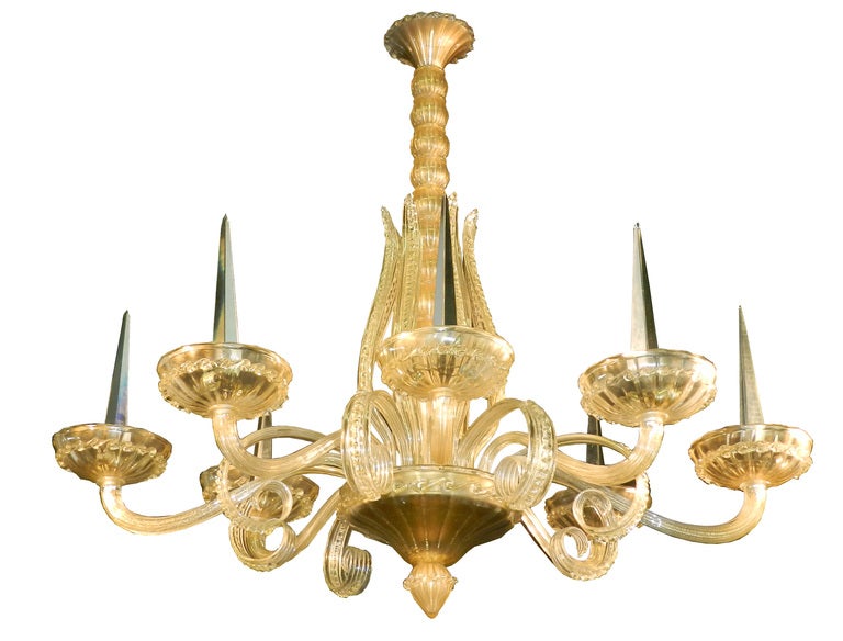 André Arbus Huge Spangled Gold Glass Pendant with 3 Sconces