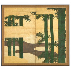 Bamboo Two-Panel Folding Screen by a Stream