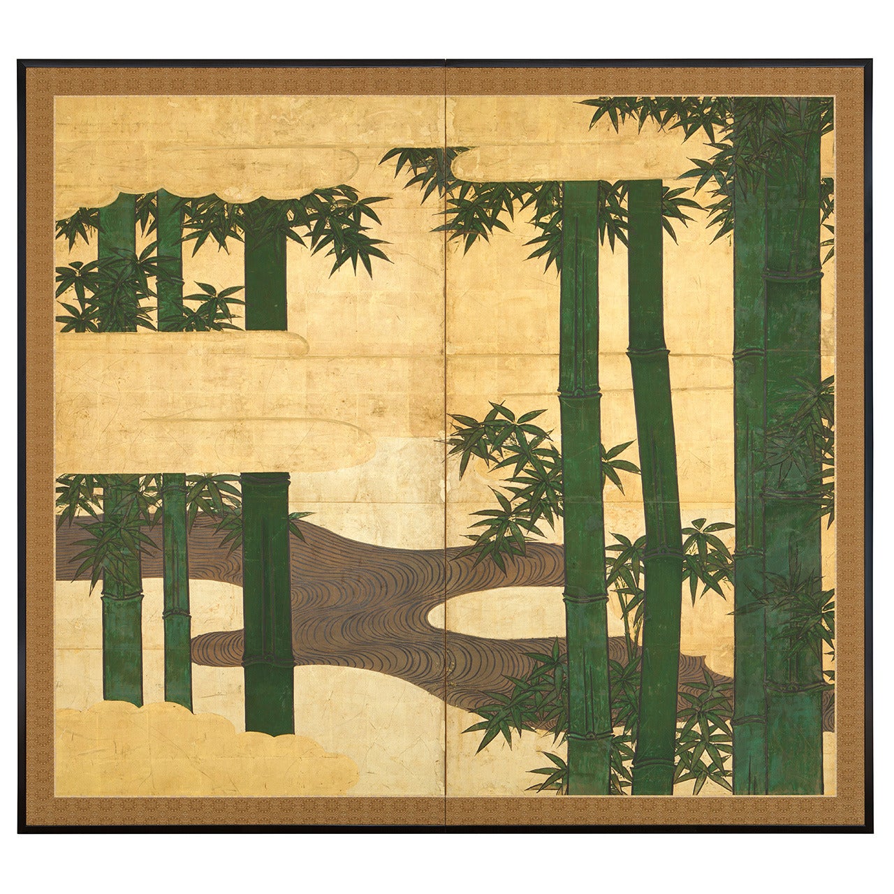 Bamboo Two-Panel Folding Screen by a Stream For Sale