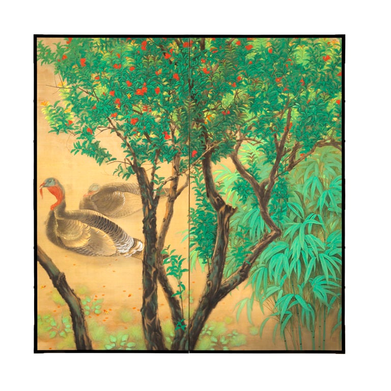 Turkeys by Bamboo and Blooming Tree Painting For Sale