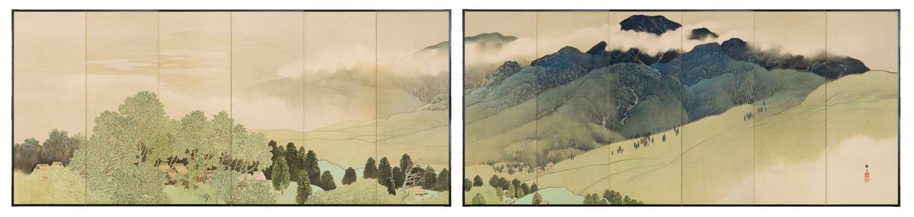 Pair of six-panel folding screens; ink and mineral colors on silk.
Each panel measures: 66 x 146 1/2 in.

Signature: Keigaku西井敬岳.
Seals: Nishii Kei in 西井敬印 (Seal of Nishii Kei).

Nishii Keigaku was born in Fukui Prefecture, the son of Nishii