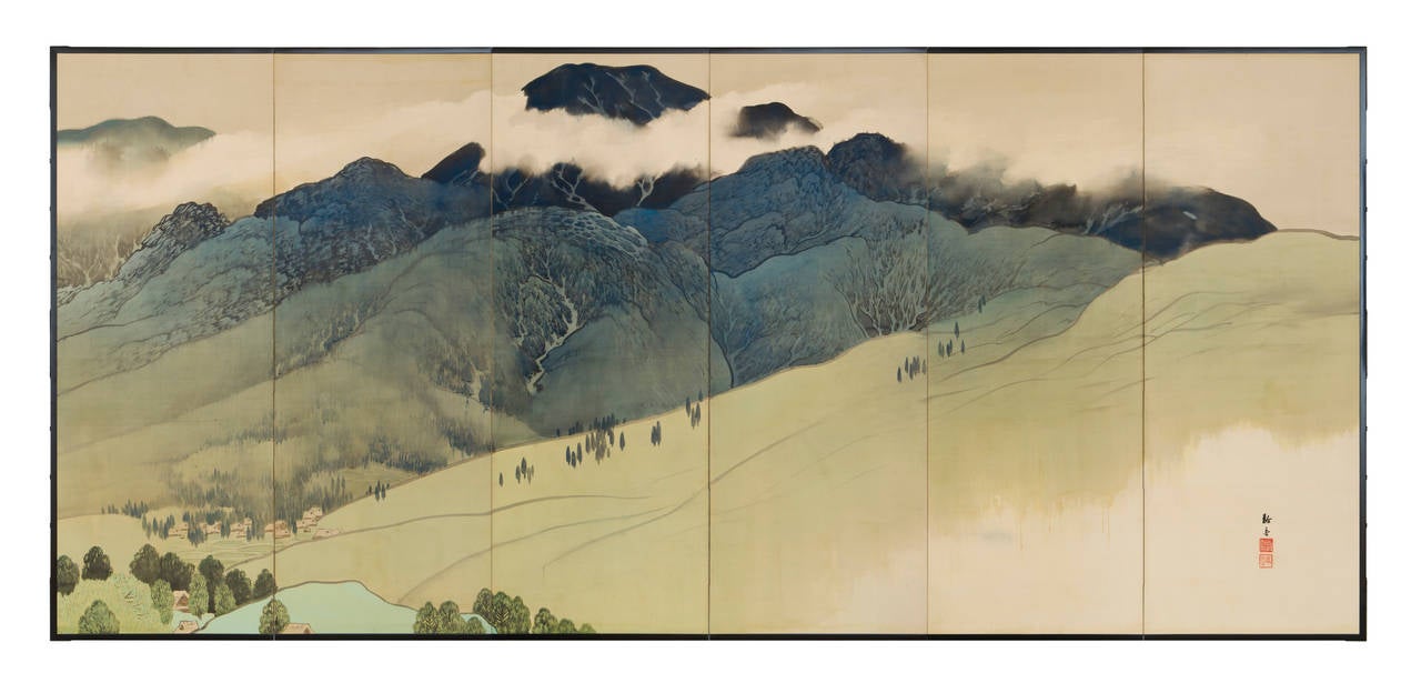 Japanese Mountain Landscape Six-Panel Folding Screens