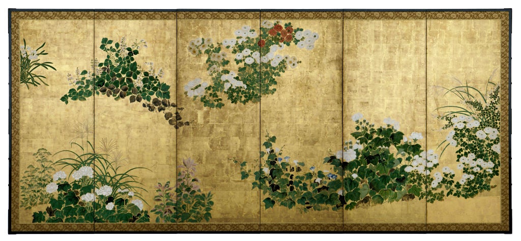 This fine pair of 6-panel folding screens presents a journey through the four seasons of the year by representative plants and flowers for each season. For example, plants representing the spring are the kodemari, sumire, and yamabuki. The summer is