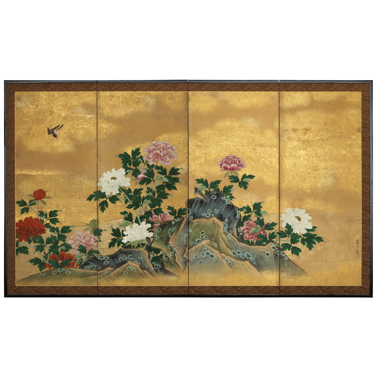 Birds and Peonies Four-Panel Folding Screen For Sale