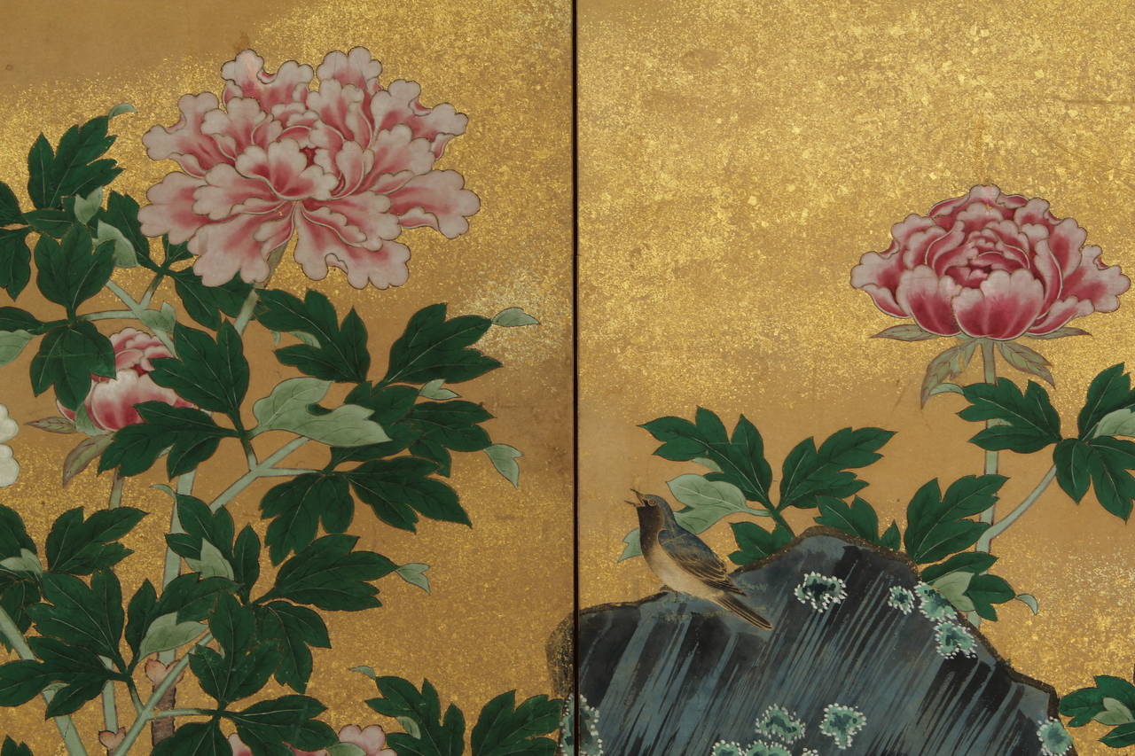 Edo Birds and Peonies Four-Panel Folding Screen For Sale