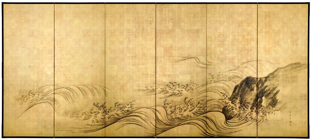 Pair of six-panel folding screens with a dramatic design of ocean waves and rocks in ink on gold leaf.