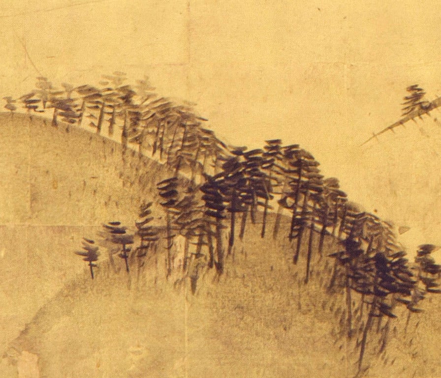Two-panel folding screen with painting in ink on paper with gold leaf of distant mountains with pine trees.  Signed on lower right Keibun with red seal mark. Black lacquer frame.