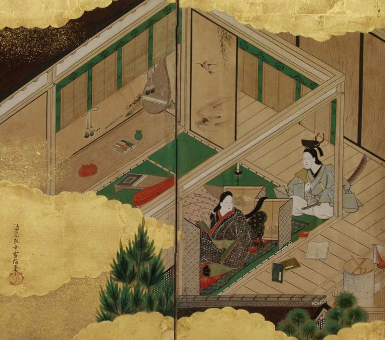Six-panel folding screen with detailed painting in ink and mineral colors on paper with gold leaf.  The left scene shows how screens and painted sliding doors were used in the interior of an elite Japanese house. Edo Period (1615-1868).