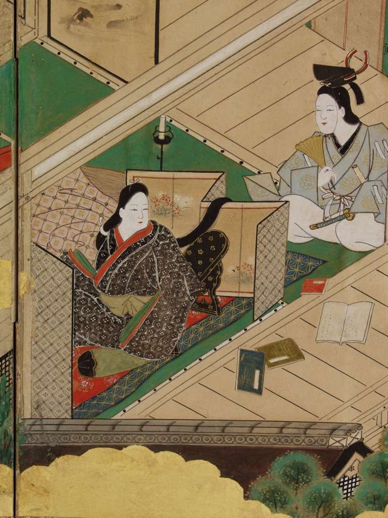 Japanese Screen with Scenes from the Tale of Genji For Sale