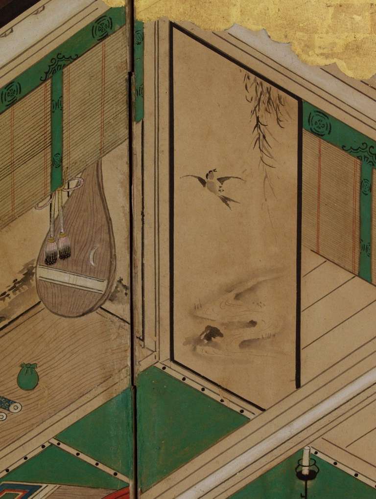 19th Century Screen with Scenes from the Tale of Genji For Sale