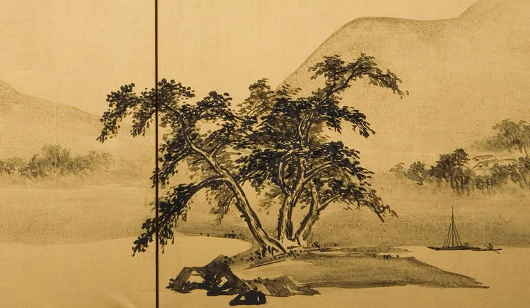 Two-panel folding screen, painting in ink on paper with gold leaf of a summer scene with a fishing boat by the shore with a village and  tall mountains in the background.

This format folding screen was made for use in the Japanese tea