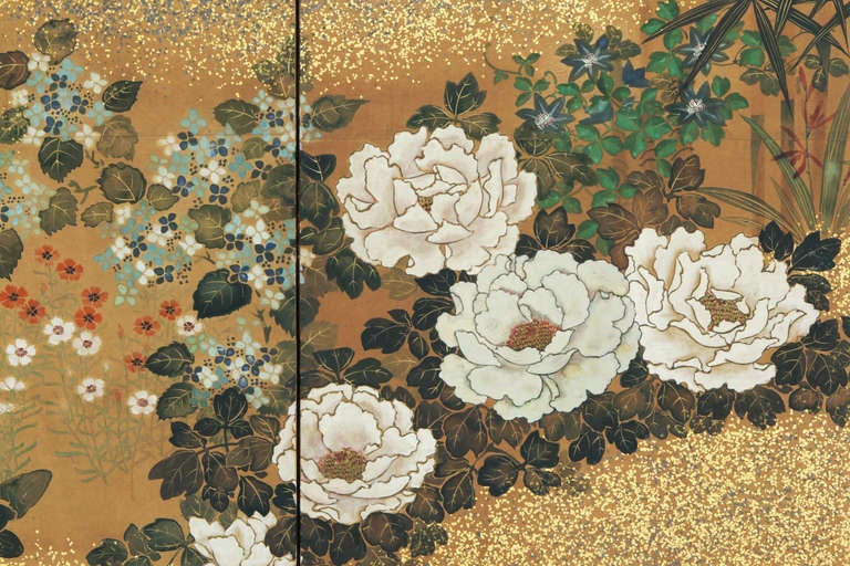 Gold Leaf Japanese Screen with Seasonal Flowers