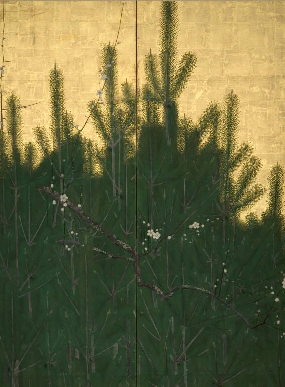 Six-panel folding screen

This imposing wall of young pines confronts the viewer, as if he or she were standing within a forest or garden. The wall of green appears unbroken, until one looks more carefully and notices the delicate branches of plum