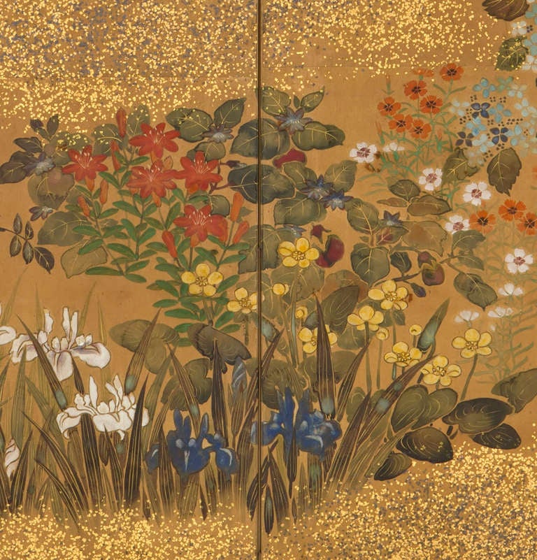 Japanese Screen with Seasonal Flowers In Excellent Condition In New York, NY