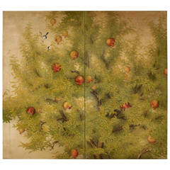 Birds in Pomegranate Tree Two-Panel Folding Screen