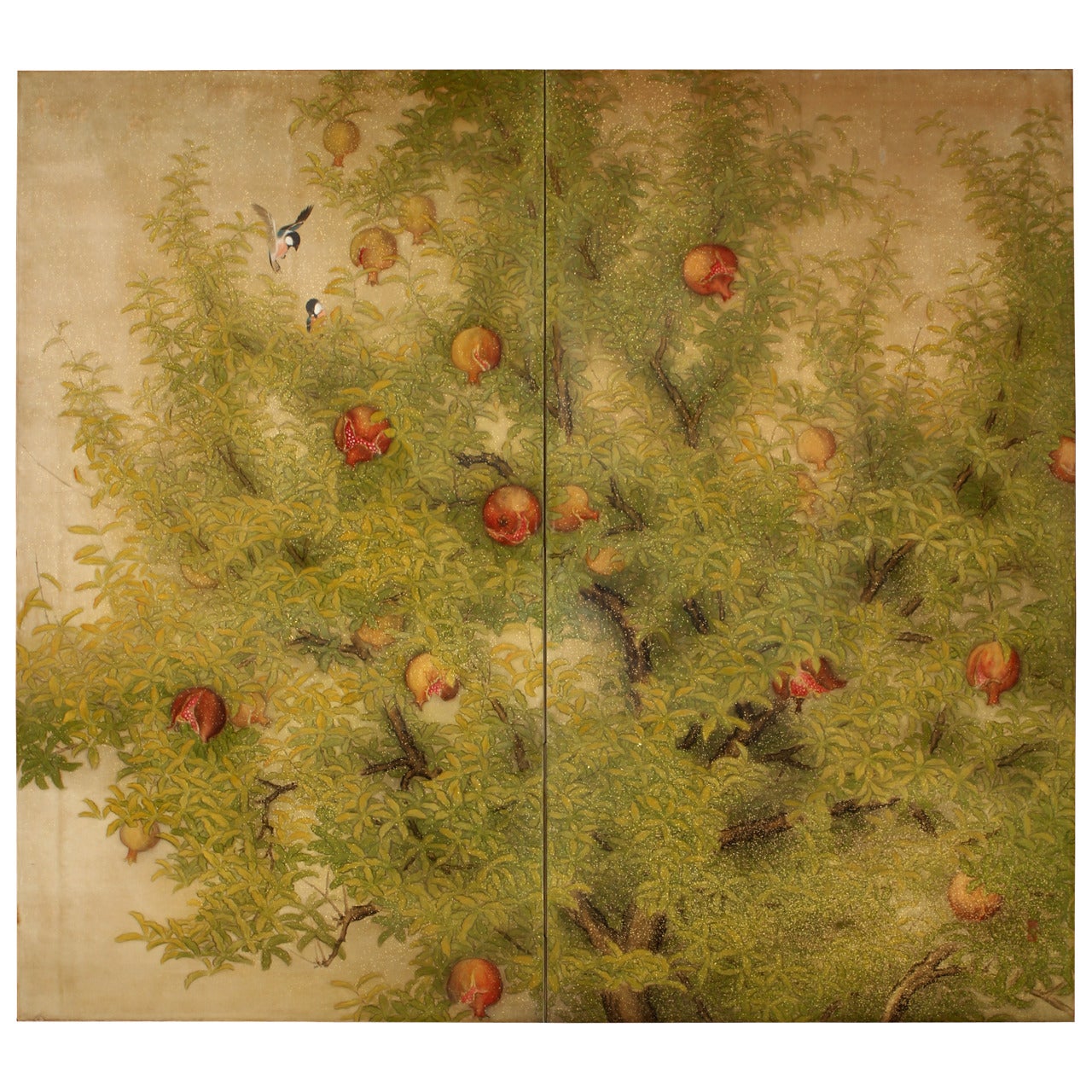 Birds in Pomegranate Tree Two-Panel Folding Screen