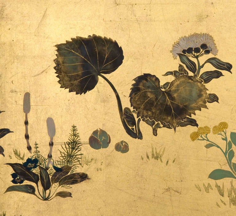 Four-panel folding screen; ink and mineral colors on gold leaf on paper. Seasonal flowers, such as daffodils, dandelion, morning glory and lilies.