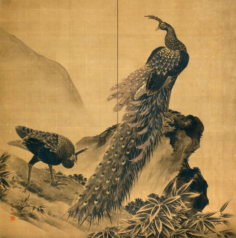 Two-panel folding screen; ink, colors, gold and gold-leaf on silk 

A majestic peacock stands on top of a craggy cliff and surveys the world around him, while his mate walks below, in the safety of his alert gaze. The painting was made by one of