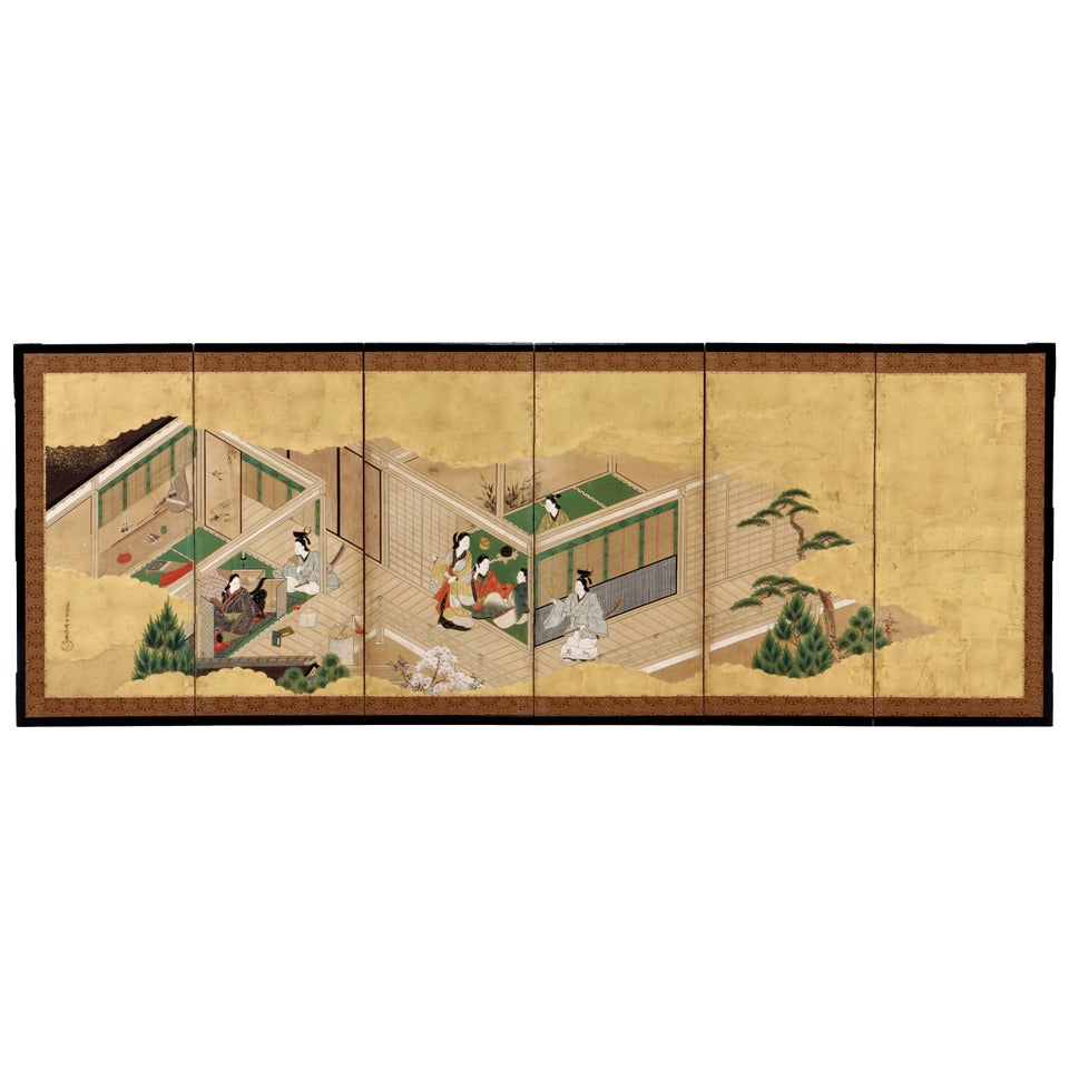 Screen with Scenes from the Tale of Genji For Sale
