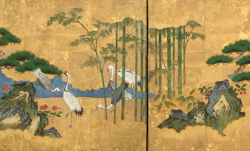 Cranes by Bamboo and Pines
