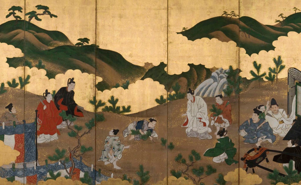 Six-panel folding screen illustrating the gathering of pine seedlings for the new year (komatsu-biki). The figures are in a mountainous landscape with a waterfall and a passenger cart on the right, and curtains in rich silk brocade on the left.